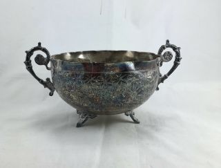 Antique Very Old Handled Footed Flower Design Engraved Metal Candy Dish/bowl