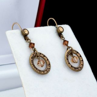 Antique Vintage Deco Mid Century 14k Gold Filled Gf Brass Paste Dangle Earrings