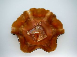 Antique Dugan Marigold Carnival Glass Ruffled Bowl With Pony & Greek Key Band