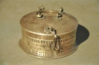 Old Brass Round Inlay Engraved Small Handcrafted Jewellery Box