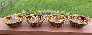 4 Antique Yellowware Small Bowls Brown Sponge Glaze Primitive