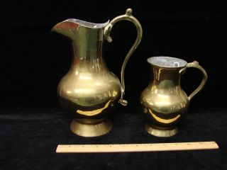 Antique Heavy Brass On Copper Handled Pitchers 9 3/4 " & 6 " English