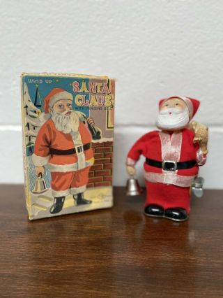 Rare 1950’s Wind - Up Santa Claus W/ Ringing Bell & Toy Bag Tn Toys Nomura Japan