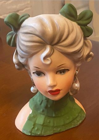 Vintage Lady Head Vase,  Relpo K1932,  Green Dress (rare),  Pearl Earrings