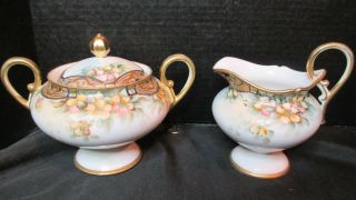 Antique Hand Painted Nippon Footed Sugar Bowl & Creamer Floral Embossed Gold