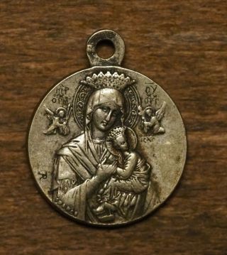 Antique Religious Silvered Medal Pendant Our Lady Of The Perpetual Help