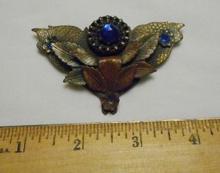 Antique Victorian Sash Brooch Pin Brass Blue Glass Stones