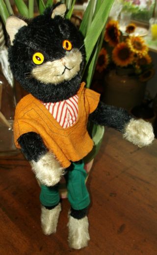 Vintage German Schuco Mohair Bigo Bello Cat 12 " Bright Orange Eyes