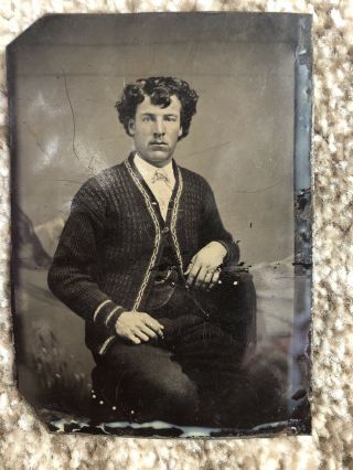 Old Vintage Antique Tintype Photo Young Man Boy Teenage Curly Hair Mustache Suit
