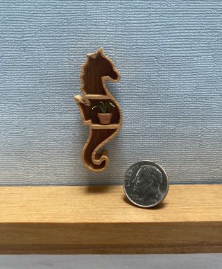 Dollhouse Miniature Artisan Wood Sea Horse Wall Shelf With Tiny Plant 1:12