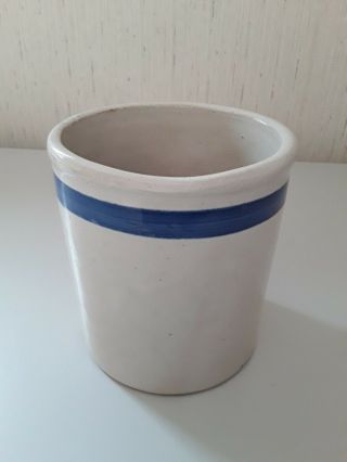 Vintage Crock Stoneware With Blue Stripe 69d1 5.  25 Inches High 4.  5 Inch Diameter