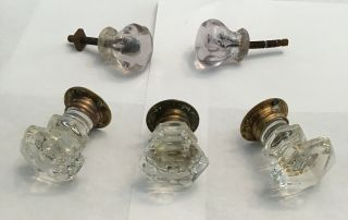 5 Vintage Antique Large Glass Knobs Dresser Drawer Pulls.  3 With Brass Backs