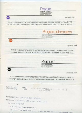 Joan Collins John Forsythe Dynasty Rare 1981 Abc Tv Press Material