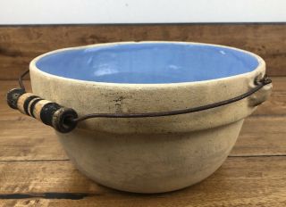 Antique Stoneware Pottery Bowl Blue Glaze Wire Handle Attached,  No Glaze Outside