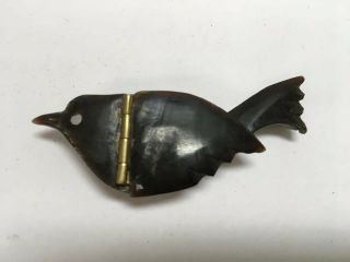 Antique 3” Black Bird Hinged Box Carved From Buffalo Horn India