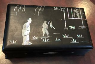 Vintage Antique Chinese Mother Of Pearl Inlay Black Lacquer 3.  5” X 6” Wooden Box