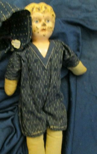 Antique German Minerva 7 " Doll With Tine Head,  Vintage Clothing,  Cloth Body