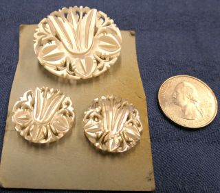 Antique Floral Brooch And Matching Earrings - Carved Mother Of Pearl Jerusalem