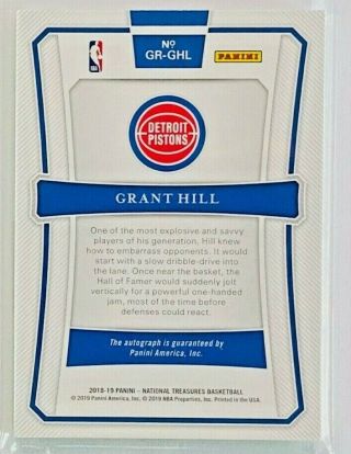 2018 - 19 National Treasures Grant Hill AUTO Card,  NBA Greats SP /25,  Pistons 2