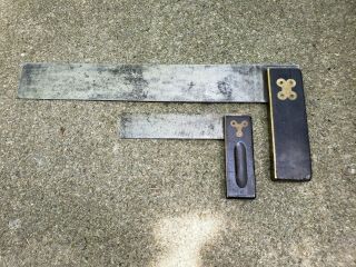 2 Antique Stanley Rosewood,  Brass & Steel Tri Squares,  6 " & 15 " L Blade