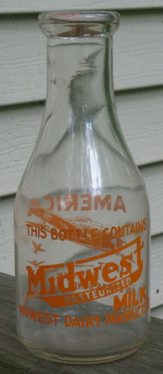 Antique Quart Milk Bottle Midwest Dairy Products Pyro War Slogan Airplane