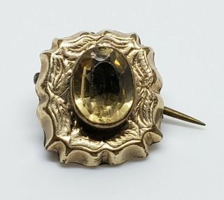 Tiny Antique Victorian Gold Gilt Brass Repousse Faceted Citrine Gem Etch Brooch