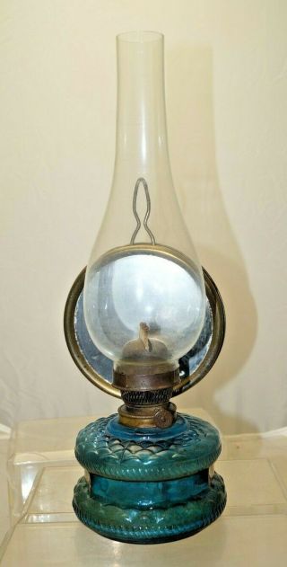 1870s - 80s Wall Sconce Rare Blue Ornate Glass Font Oil Lamp W/ Mirror Reflector