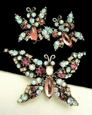 Rare Vintage Signed Florenza Jeweled Rhinestone Butterly Brooch & Earring Set 12