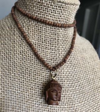 Carved Wood Wooden Buddha Head Necklace Sandalwood Beaded Bead Boho Hippie Rare