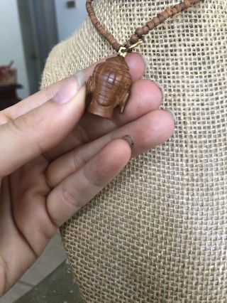 Carved Wood Wooden Buddha Head Necklace Sandalwood Beaded Bead Boho Hippie Rare 3