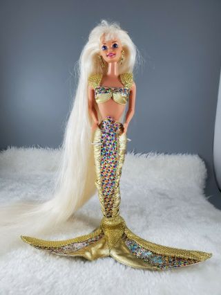 Vintage Jewel Hair Mermaid Barbie Doll Gold Blonde Hair With Earrings