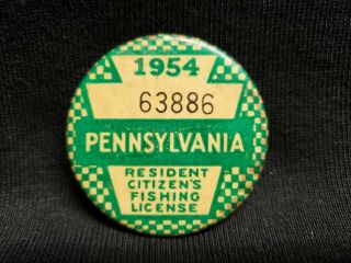 1954 Pennsylvania Pa Resident Fishing License Button