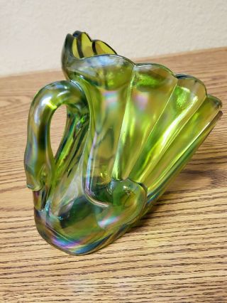 Vintage Iridescent Green Carnival Glass Swan Candy Dish 6.  75 " Rare