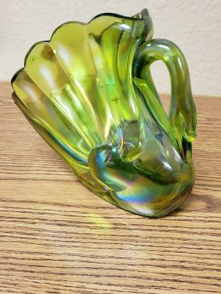 Vintage Iridescent Green Carnival Glass Swan Candy Dish 6.  75 