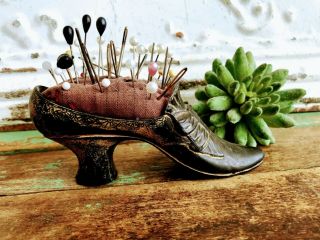 Antique Victorian Metal Pin Cushion Shoe Ladies With Pins