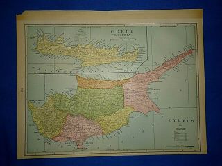 Vintage 1899 Atlas Map Crete - Cyprus Antique & Authentic S&h