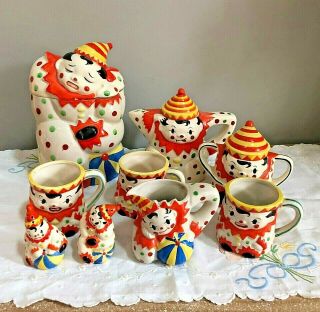 Vtg Rare 9 - Pc Polka Dot Clown Tea & Cookie Set Jar Teapot Salt Pepper Shakers Py