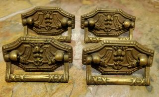 Set Of 4 Solid Brass Vintage Drop Handle Drawer Pulls Heavy Brass Ormate Sturdy