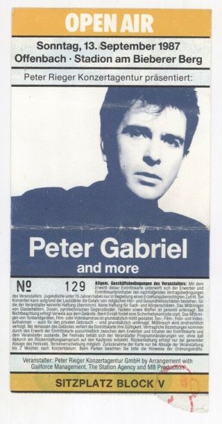 Rare Peter Gabriel 9/13/87 Offenbach Germany Deluxe Concert Ticket Stub Genesis