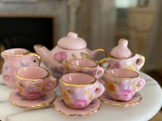 Vintage Miniature Dollhouse Artisan Pink Gold Gilt Floral Porcelain Tea Set
