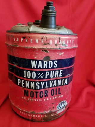Vtg Antique Wards 100 Pure Pennsylvania Motor Oil 5 Gallon Metal Can