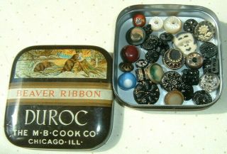 29 Antique Glass China Mop Ivoroid Metal Veg.  Ivory Buttons In Duroc Ribbon Tin