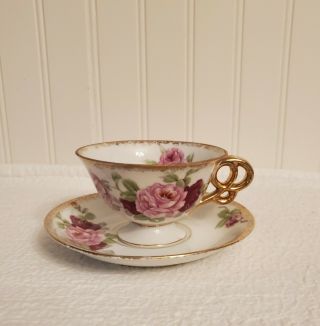 Vintage Royal Sealy Footed Tea Cup & Saucer Pink & Burgandy Roses Gold Gild