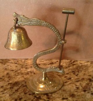 Antique Chinese Brass Dragon Bell With Brass Bell Hammer,  6 "