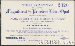 Card For Rare Opal For Alma Spreckels Fund Raffle At 1915 Panama - Pacific Expo