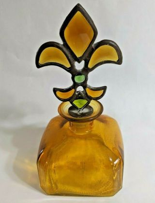 Vintage Amber Stain Glass Decanter Fleur De Lis Bottle Top With Bottle