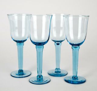 Vintage Blown Glass Light Blue Water Wine Goblet Glasses Set Of 4 Stemware