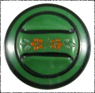 Antique Green Glass Button W/ Box Shank,  Enameled Flowers,  1 & 1/16 " Medium