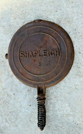 Rare Shapleigh 8 " Cast Iron Waffle Iron Stove Top Or Camp Fire Top Only Handled