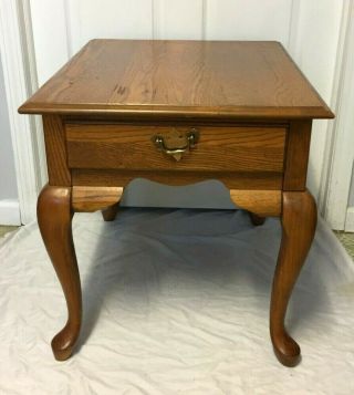 Vintage Broyhill Queen Anne Style Oak Wood End Table W/ Drawer - Rare